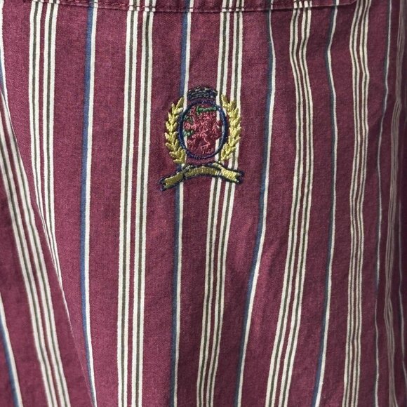 Vintage Tommy Hilfiger Burgundy Striped Crest Shirt – Size L - Picture 2 of 8